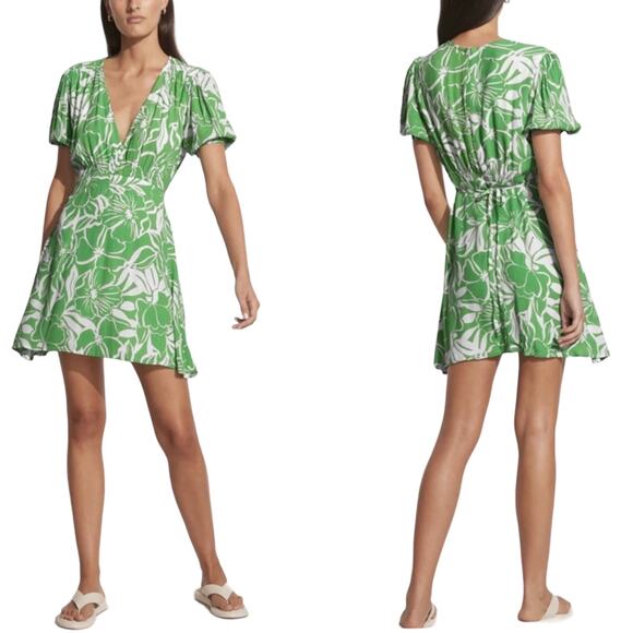 Faithfull the Brand Short V-Neck La Castella Mini Dress Floral Green 6/LG NWT - Picture 1 of 16